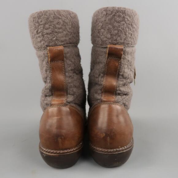 LANVIN Size 7 Brown  Leather & Textured Lace Mid Calf Combat Boots main image 6